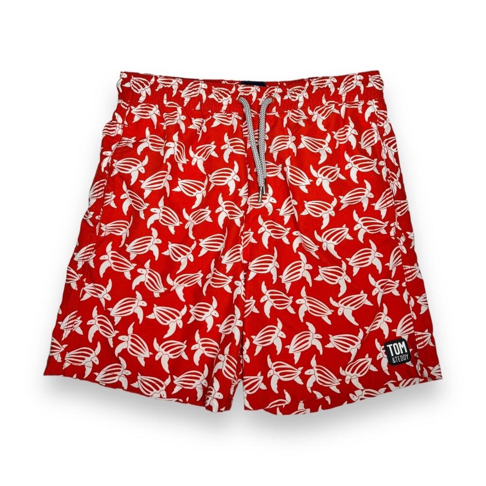 Tom & Teddy Boys Classic Swim Shorts Trunks 9-10 Red White Turtle Print Novelty